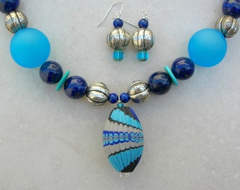 GORGEOUS Murano Glass Pendant & Turquoise Blown Glass Beads, Lapis, Turquoise, Silver Resin Beads, Statement Necklace Set by SandraDesigns