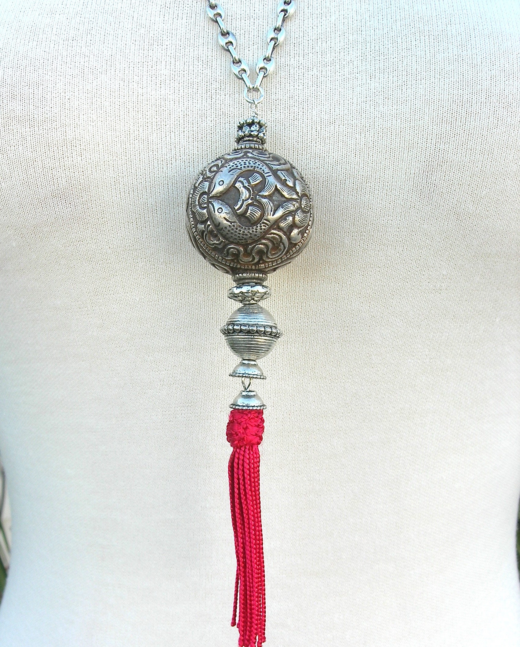 Chinese tibetan Tassel Necklace Repousee Double Fish Flower Bead Moroccan Silk Tassel Sterling Silver Chain Necklace by Sandradesigns Etsy Canada