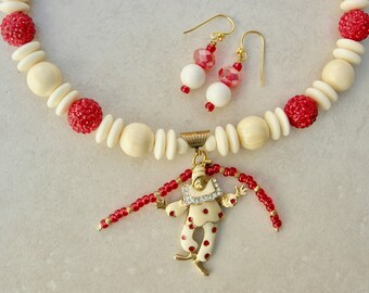 Struggling Juggling Clown, Red Crystal Rhinestone Balls, Bone Beads & Disks, Tiny Glass Beads/White Coral, 16"Necklace, Set by SandraDesigns