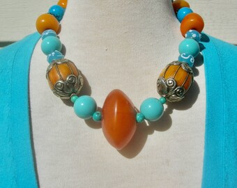 Bold Tibetan Resin Focal, Resin & Turquoise Beads, Optional Earrings, 23" Unisex Statement Necklace 23" by Sandra Designs