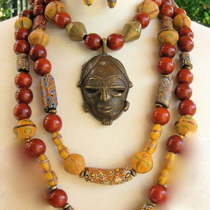 Magnificent African Baule Brass Mask & Old African Trade Beads, Bodom Glass, Collector Investment Statement Necklace, Set by SandraDesigns