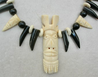 Dramatic Carved Shark Jawbone Face, Agate Tusks, Tibetan Bone Disks, Onyx & Wood Beads, Unisex Statement Necklace by SandraDesigns