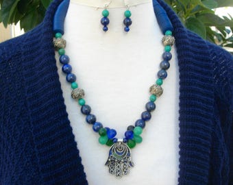 Enameled Silver Hamsa, Lapis/Pewter/Jade Beads, Mali Wedding Beads, African Vinyl Disks, Fancy Clasp, Necklace Set by SandraDesigns