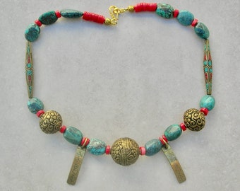 Treasures of Tibet, Om Mantra, 3 Large Brass Beads. 2 Inlaid Beads, Real Turquoise, Real Coral, 22" Unisex Necklace by Sandra Designs