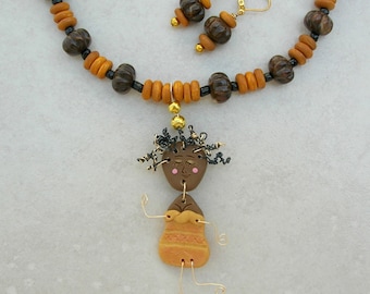 Coco the Dancing Caribbean Girl Doll, Poly Doll, Wood, Lucite & Glass Beads, the Doll Collection, 16" Necklace, Set by SandraDesigns