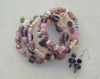 Purple & Pink Memory Wire Bracelet, Lampwork Glass, Ceramic, Sterling Silver, Glass, Free Size, Purple Earrings, Set by SandraDesigns