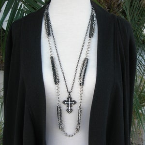 Cross Necklace, Redesigned Vintage Necklaces, Removable Cross Chain, Silver & Black Metal Chain Necklace,Versatile Necklace by SandraDesigns