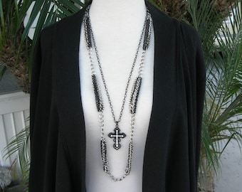 Cross Necklace on 26" Chain (Detachable), Silver & Black Metal Chain Necklace 38", Redesigned Vintage Necklaces by SandraDesigns