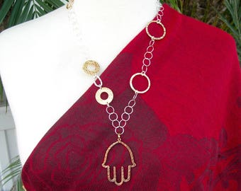 Reversible Copper/Silver Hamsa, Italian 14K Gold and Sterling Silver Asymmetrical Chain, Exquisitely Simple Necklace by SandraDesigns