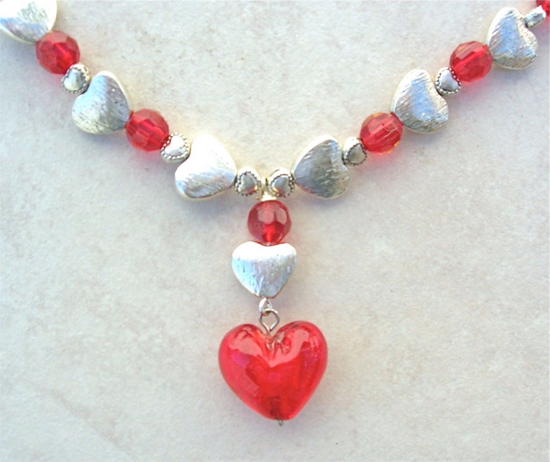 Hearts Galore Sterling Silver Hearts, Focal Glass Heart & Red Crystal Beads, 16 Necklace by SandraDesigns image 1