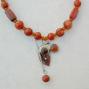 Joan of Arc, Abstract Religious Warrior, Agate/Copper/Glass Pendant, Himalayan Carnelian Beads, Small Glass/Clay Beads, 23" by SandraDesigns