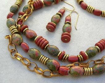 Autumn Haze, 3-Piece Set, Jasper & Unakite Beads, Brass Disks, Gold Chain, 3-Strand Necklace, Bracelet and Earrings Set, by SandraDesigns