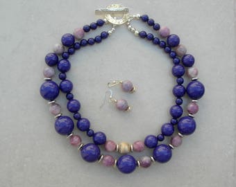 For Purple/Mauve Lovers! Mauve Sugilite & Purple Lucite Beads, Sterling Silver Disks, Matching Earrings, 2-Strand Necklace by SandraDesigns