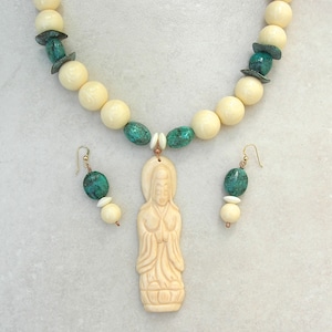 Unusual Kuan Yin Pendant, Buddhist Goddess of Compassion, Real Turquoise & Ox Bone Beads,  Long Statement Necklace Set by SandraDesigns