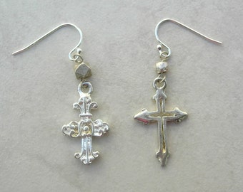 Mismatched Silver Cross Earrings, Sterling Silver Beads & Ear Wires, 1" from Hook Bottom, Earrings by SandraDesigns