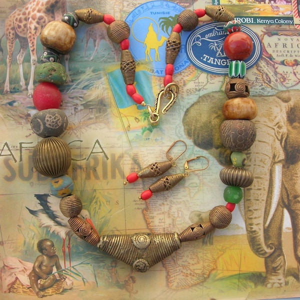 African Sampler: Spindle Whorls, Lost Wax Brass, Chevrons/Bodoms/Old "Egg" Beads, Story-Telling Asymmetrical Necklace Set by SandraDesign