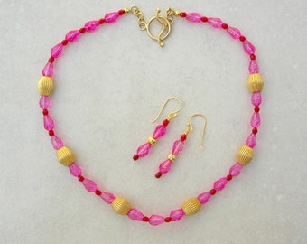 Hot Pink & Ruby Red Necklace Set, Pink Glass/Ruby Red Crystal, Gold Vermeil Beads/Clasps/Ear Wires, Matching Earrings, Set by SandraDesigns