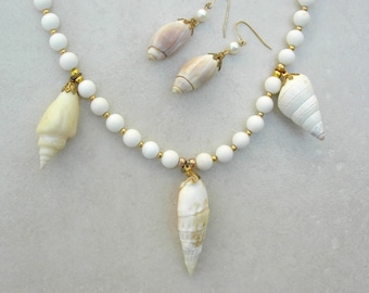 Shell Necklace & Earring Set, Real Shells, Vintage White Lucite Beads, 18" Necklace, Set by SandraDesigns