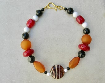 7 Murano Venetian Blown Glass Beads, Black & White Lucite Beads, Red Resin Barrel Beads, Statement Necklace 16" by SandraDesigns