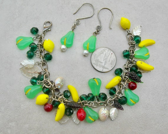 Chock Full Of Fruit Charm Bracelet, Matching Pear Earrings, Sterling Ear  Wires, Colorful Glass Beads, the Edible Series, 8
