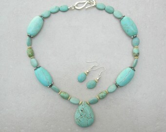 Magnesite Teardrop Pendant & Magnesite Beads, Aqua Turquoise Color, Bone Disks, Matching Earrings, 20" Necklace, Set by SandraDesigns