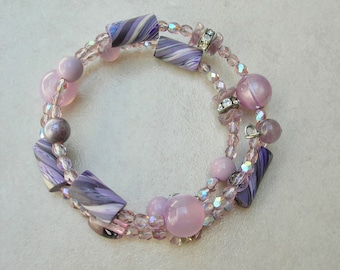 Lavender, Pink & Purple Bracelet, Free-Size Memory Wire, Rhinestone/Glass/Crystal/Cats Eye/Stone/Polymer Clay Beads, SandraDesigns
