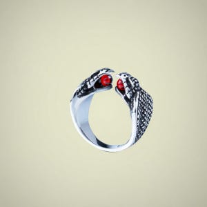 Könnte beinhalten: Silberfarbener Ring mit zwei sich gegenüberstehenden Kobra-Köpfen. Jeder Kobrakopf hat detaillierte Schuppen und ein rotes Edelsteinauge. Der Ring hat eine polierte Oberfläche und ein einzigartiges Design.