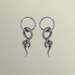 Op de afbeelding: Een paar zilveren oorringen met een slangenmotief. Elke oorring heeft een opgerolde slangenhanger met een gedetailleerde kop en staart, opgehangen aan een cirkelvormige ring. De oorbellen worden tegen een neutrale achtergrond getoond.