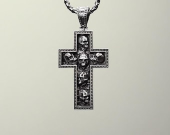 Skull Cross Necklace, Titanium Steel Pendant for Men, Gothic Biker Jewelry, Punk Skeleton Cross Necklace