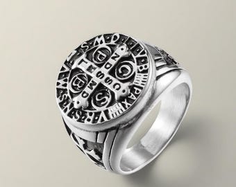 Vintage Saint Benedict Cross Ring for Men | Antique Silver Religious Signet Ring | Gothic Christian Protection Ring, Custom Engraved Options