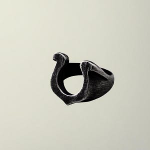 Puede incluir: Un anillo de herradura gris oscuro con un acabado metálico texturizado. El anillo tiene un diseño en forma de U con extremos redondeados y una banda sólida. El anillo es un símbolo de suerte y buena fortuna.
