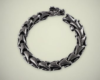 Pulsera Vintage Cabeza de Dragón de Acero de Titanio, Pulsera Punk Escamas de Dragón Hip Hop para Hombres, Joyería Pesada para Biker