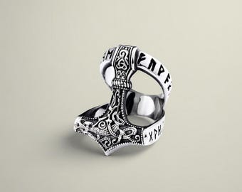 Nordic Viking Hammer Ring, Stainless Steel Norse Jewelry, Mjolnir Viking Ring, Norse Mythology Biker Ring, Pagan Jewelry for Men
