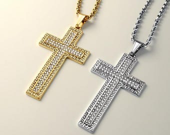 Full Crystal Cross Titanium Steel Necklace, Sparkling Christian Pendant, Faith Jewelry, Men & Women Unisex Chain, Gift for Couples
