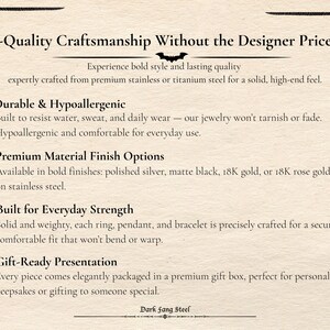 May include: Cream-colored advertisement with black text promoting jewelry. The text highlights features like durability, hypoallergenic properties, and premium finishes. The brand name "Dark Fang Steel" is at the bottom.