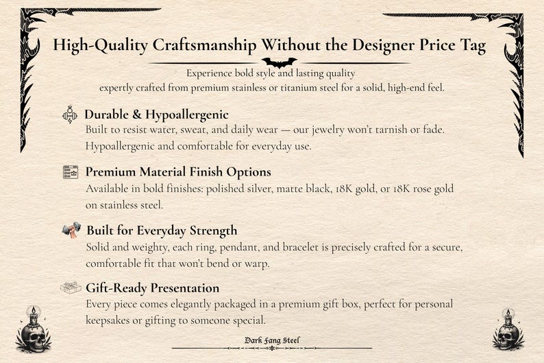 May include: Cream-colored advertisement with black text promoting jewelry. The text highlights features like durability, hypoallergenic properties, and premium finishes. The brand name "Dark Fang Steel" is at the bottom.