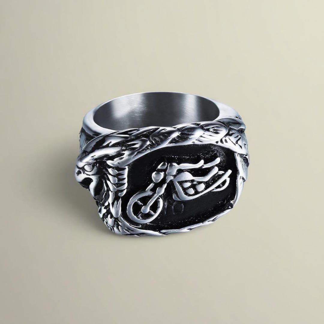 Men’s Motorcycle Eagle Ring, Heavy Biker Punk Style, Titanium Steel ...