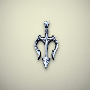 May include: A silver trident pendant with intricate detailing. The pendant features a central spearhead design with curved prongs and a decorative top element. The overall design is symmetrical.