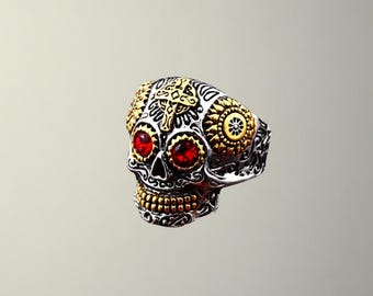 Caveira de Açúcar Feita à Mão com Olhos de CZ Coloridos, Joias Góticas Dia dos Mortos, Detalhes de Cruz e Flores, Estilo Biker Punk