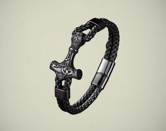 Viking Thor Hammer Braided Bracelet: Free Engraved Stainless Steel Mjolnir, Vegan Leather, Personalized Bracelet for Him