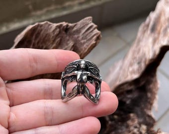 24mm Gothic Demon Angel Ring, Vintage Titanium Steel Biker Ring, Engraved Dark Punk Style Statement Jewelry, Customized Heavy Metal Ring