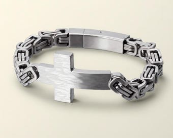 Men’s Stainless Steel Cross Bracelet, Byzantine Chain Christian Bracelet, Faith Jewelry, Spiritual Guardian Gift, Engraved Options