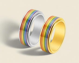 Rainbow Spinner Couple Rings, Rotating Stainless Steel Matching Bands, LGBT Pride Ring Set, Anxiety Relief Fidget Rings, Free Engraved