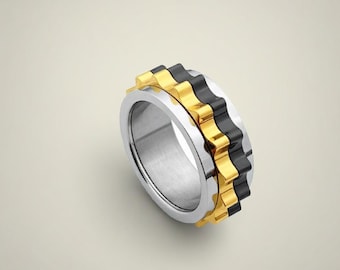 Mechanical Gear Ring for Men, Titanium Steel Spinner Band, Stress Relief Fidget Ring, Custom Engraved Options