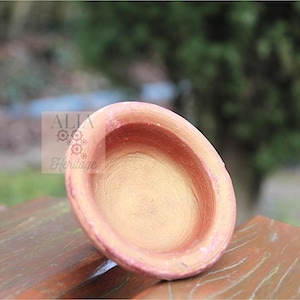 Op de afbeelding: Een klein, rond, terracotta schoteltje met een lichtbruine binnenkant en een donkerbruine rand. Het schoteltje is licht gekanteld, waardoor de binnenkant zichtbaar is.