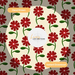 Puede incluir: Ilustración digital con un patrón repetitivo de flores rojas con tallos y hojas verdes sobre un fondo neutro. El diseño incluye el texto "Hand Drawn" e "Instant Download". También hay un logotipo circular.
