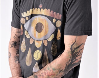 Hippie Retro Evil Eye Unisex Tshirt Top | Eclectic Bohemian Mystical Tears Rain Esoteric Summer Sunny Yellow Grey Natural  | Gift Friend BFF