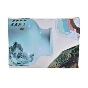 Bolsa com zíper, grande, 12", Aqua, vaso asiático, estampa de chita, acessórios, bolsa, organizador, estojo de lápis, embreagem, maquiagem, viagem, diversão, prático