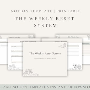May include: A digital Notion template titled "The Weekly Reset System" with printable pages. The pages include sections for a mental load map, weekly reset dashboard, habits, and routines. The design is minimalist with mushroom illustrations.