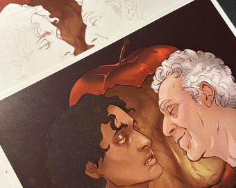 May include: Art print depicting two men in a detailed illustration, set against a red apple backdrop. The artwork uses warm tones, highlighting facial expressions and character interaction. The print is on white paper.